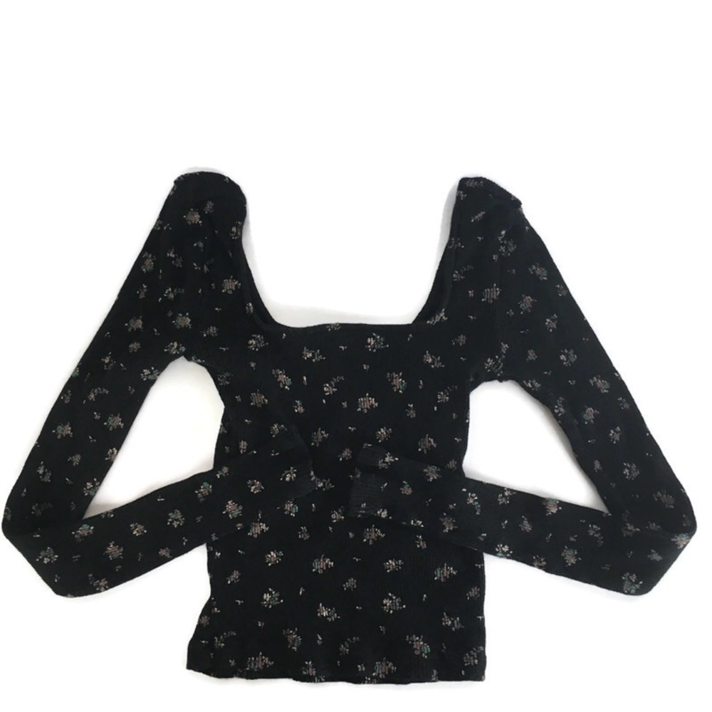 BDG Urban Outfitters Floral Ribbed Square Neck Long Sleeve Top in Black